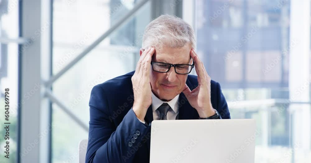 Headache, laptop and business man with stress, tired or fatigue in office. Migraine, sick and senior male person with pain, anxiety and vertigo or CEO with problem, brain fog and depression burnout Headache, laptop and business man with stress, tired or fatigue in office. Migraine, sick and senior male person with pain, anxiety and vertigo or CEO with problem, brain fog and depression burnout