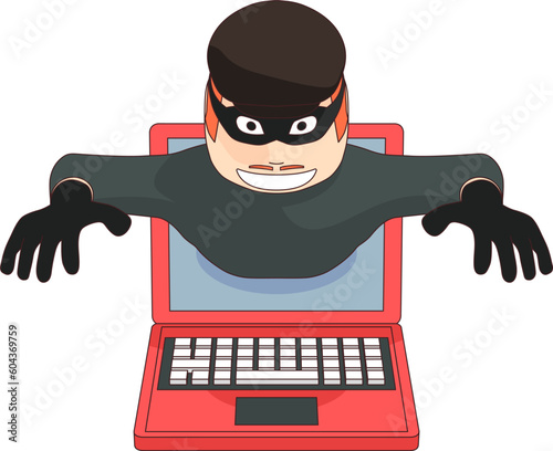 A thief comes out of a laptop screen. A hacker hacked into a computer and reaches for the money.