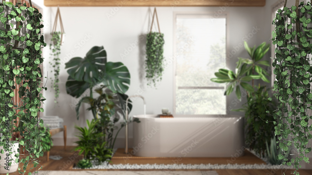 Jungle frame, biophilic concept idea interior design. Tropical leaves over minimalist white bathroom with bathtub and many houseplants. Cerpegia woodii hanging plants