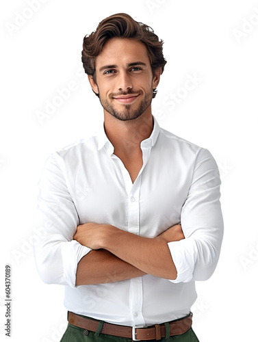 Portrait of a young smiling attractive man looking at the camera with his arms crossed . Happy man standing successful businessman. Generated AI. PNG. Transparency.