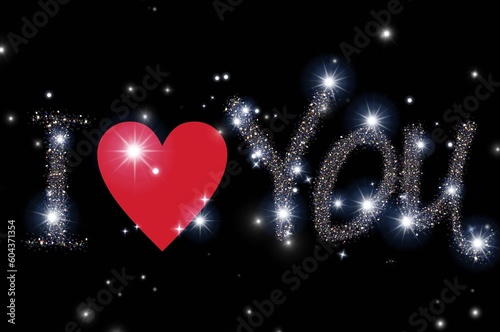 glowing inscription I love you on the starry sky with a red heart, black background