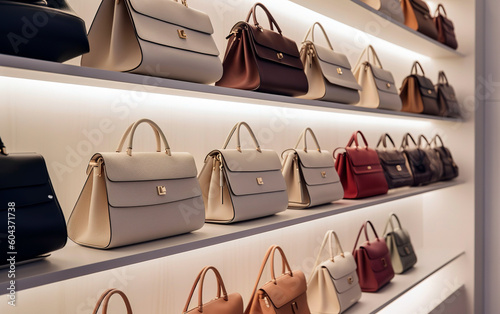 Different stylish women's handbags on a store shelves. Generative AI.