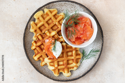 Foto Belgian waffles with salmon  and cream cheese