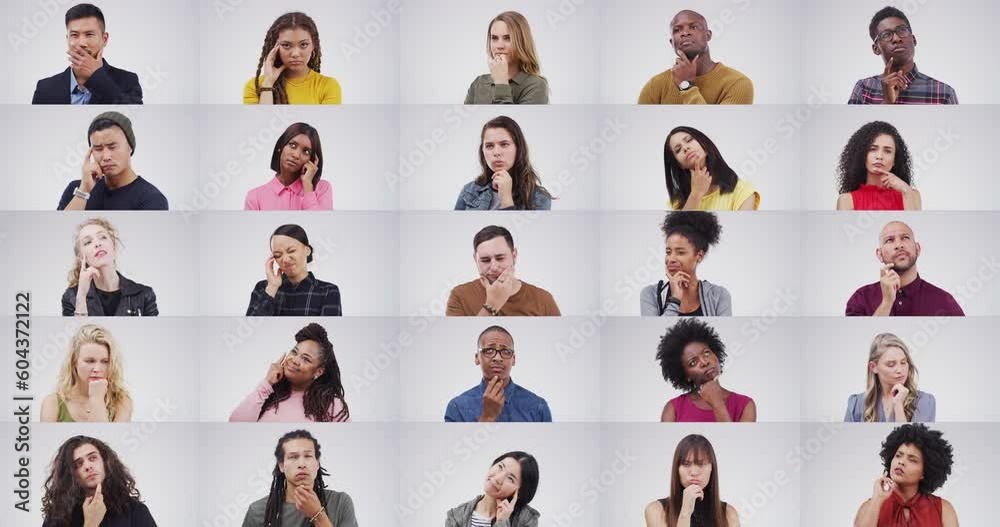 Group, people thinking and montage in studio with ideas, brainstorming or confused by white background. Men, women and together in collage for decision, memory or mindset for planning, idea or choice