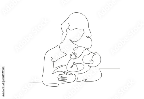 Mother and baby line. Mom hugs child. Motherhood and newborn concept. Happy woman holds toddler continuous one line vector illustration. Parent loving kid, happy mother day design for card.