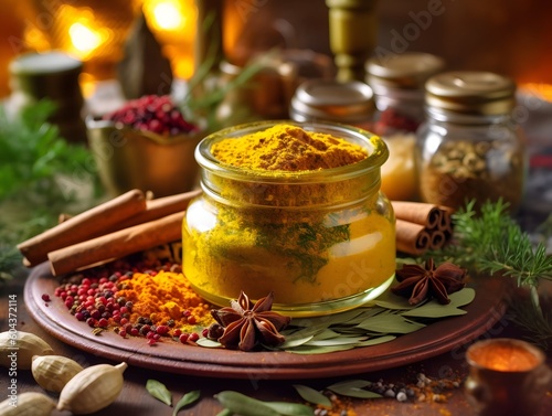 Golden Spice Encounter: Jar of Turmeric Powder Amidst Fresh Spices and Herbs