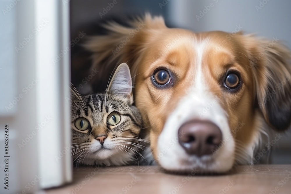 Dog and Cat Looking into Room From Outside. Generative ai Dog and Cat Looking into Room From Outside. Generative ai