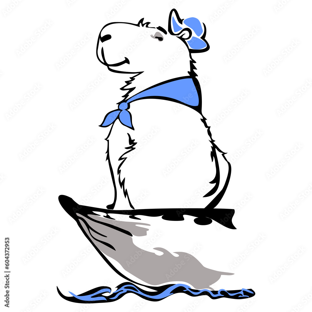 white capybara in a cap like a captain on the prow of a boat white capybara in a cap like a captain on the prow of a boat