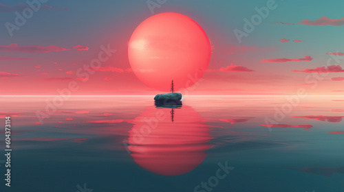 Meditation abstract relaxing red sunset ball and a man background with water reflection, pastel colors created by Generative  AI © fotogurmespb