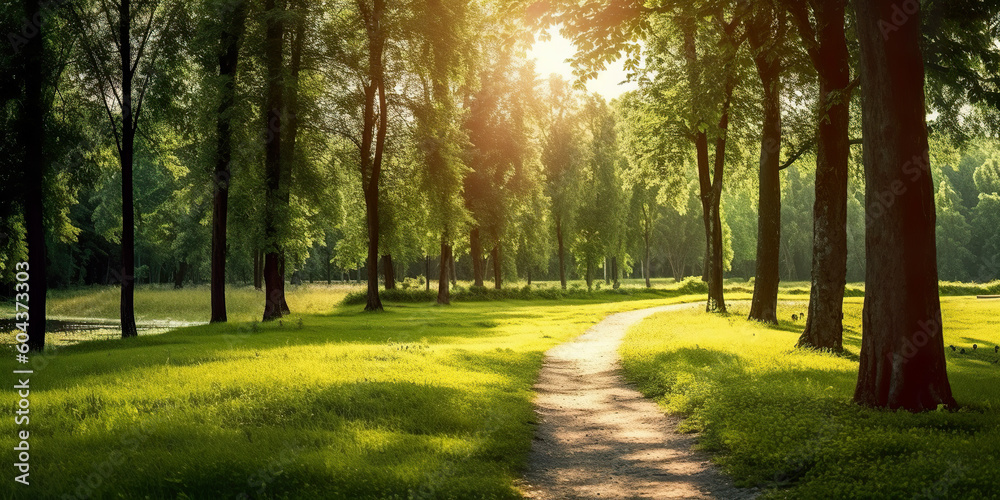 Obraz premium Beautiful warm summer widescreen natural landscape of park with a glade of fresh grass lit by sun. Generative AI