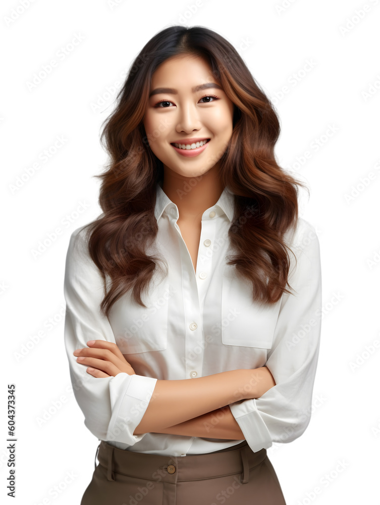 Portrait of a young smiling Asian woman looking at the camera with her arms crossed. Happy girl standing successful businesswoman. Generated AI. PNG. Transparency. Portrait of a young smiling Asian woman looking at the camera with her arms crossed. Happy girl standing successful businesswoman. Generated AI. PNG. Transparency.