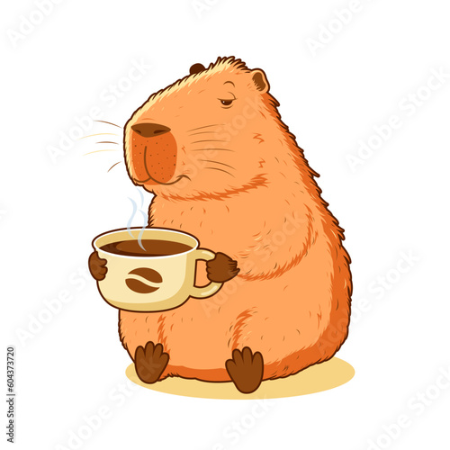 Capybara is holding a cup of coffee. Isolated on a white background. Vector stock illustration.