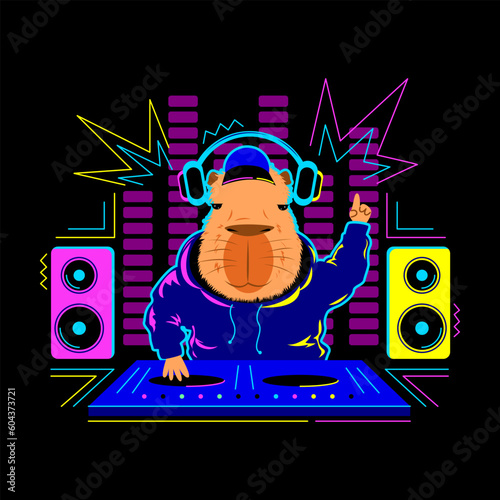 Capybara dj in headphones at the disco. Music speakers, equipment. Vector stock illustration.