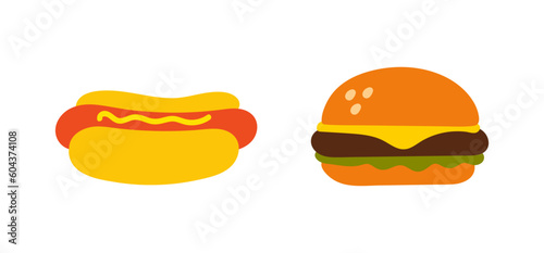 Doodle Burger and Hot Dog. Cartoon cute kid pencil, pen or marker hand drawn fastfood restaurant or cafe icons (Full Vector)