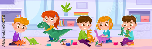 Little children play together with different dinosaur toys in a kindergarten. Cute kids with T-rex, triceratops, brachiosaurus and velociraptor action figures. Cartoon style vector illustration.