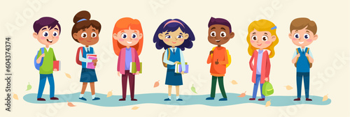 Collection of different student characters isolated on a beige background. Diverse students set. Smiling boys and girls with backpacks going back to school in the fall. Cartoon vector illustration.