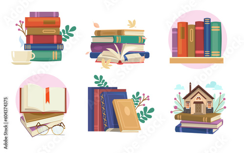 Books icon set. An open book with a bookmark and glasses, a pile of textbooks on a table with a cup of coffee, a bookshop shelf.  Bookstore advertisement. Vector illustration collection