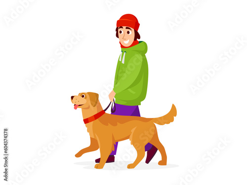 A young man in a hat is walking a golden retriever on a leash isolated on a white background. A happy boy with his pet dog. A cute puppy is on a walk with its owner. Cartoon vector illustration.