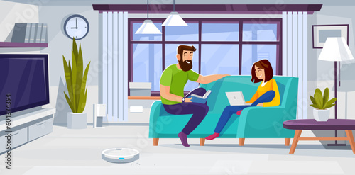 A robot vacuum cleaner cleans the floors of a house. A couple sits on a couch in the living room and relaxes while caring about a household thanks to modern technology. Cartoon vector illustration.