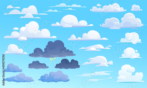 Clouds set for different weather in cartoon style isolated on blue. Fluffy white cotton clouds and dark storm cumulus with lightning in the sky. Vector icon collection for game design and app UI.