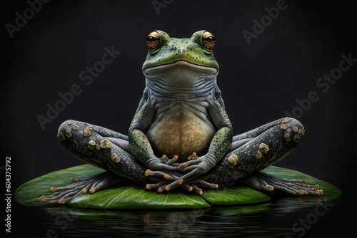 A green frog in a meditative pose sitting on a lotus leaf © Олег Фадеев