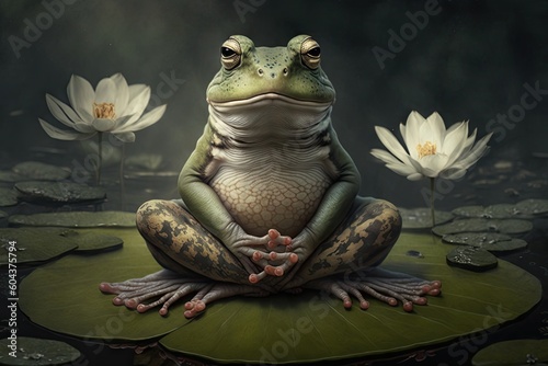 Green frog sitting on a lotus leaf © Олег Фадеев