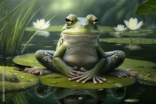 Green frog sitting on a lily pad © Олег Фадеев