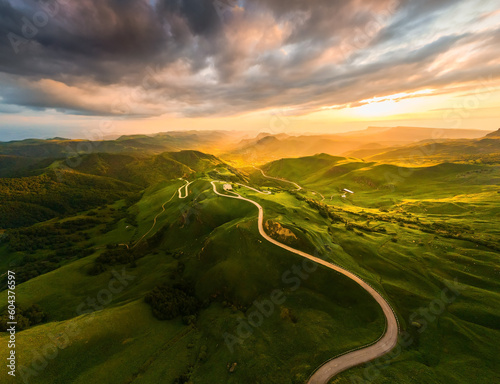View of the green mountains at sunset. Gumbashi Pass in North Caucasus, Russia