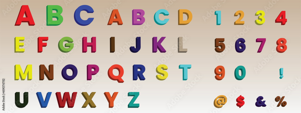3D Customized Capital Alphabet Letters, Numbers and Symbols. Realistic 3D Vector Illustration