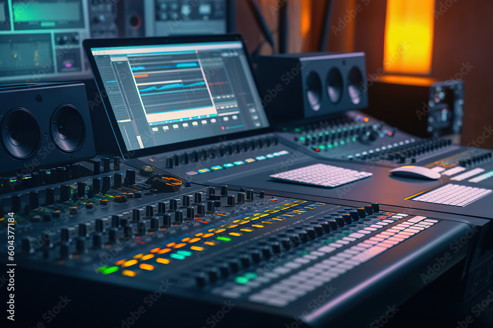 Music Production Modern Studio Control Desk with Powerful Audio Workstation Software. created with Generative AI Music Production Modern Studio Control Desk with Powerful Audio Workstation Software. created with Generative AI