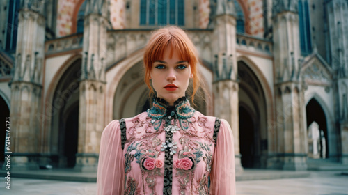 A mesmerizing pink-haired girl in a dirndl, standing tall in front of a majestic Gothic cathedral made with Generative AI