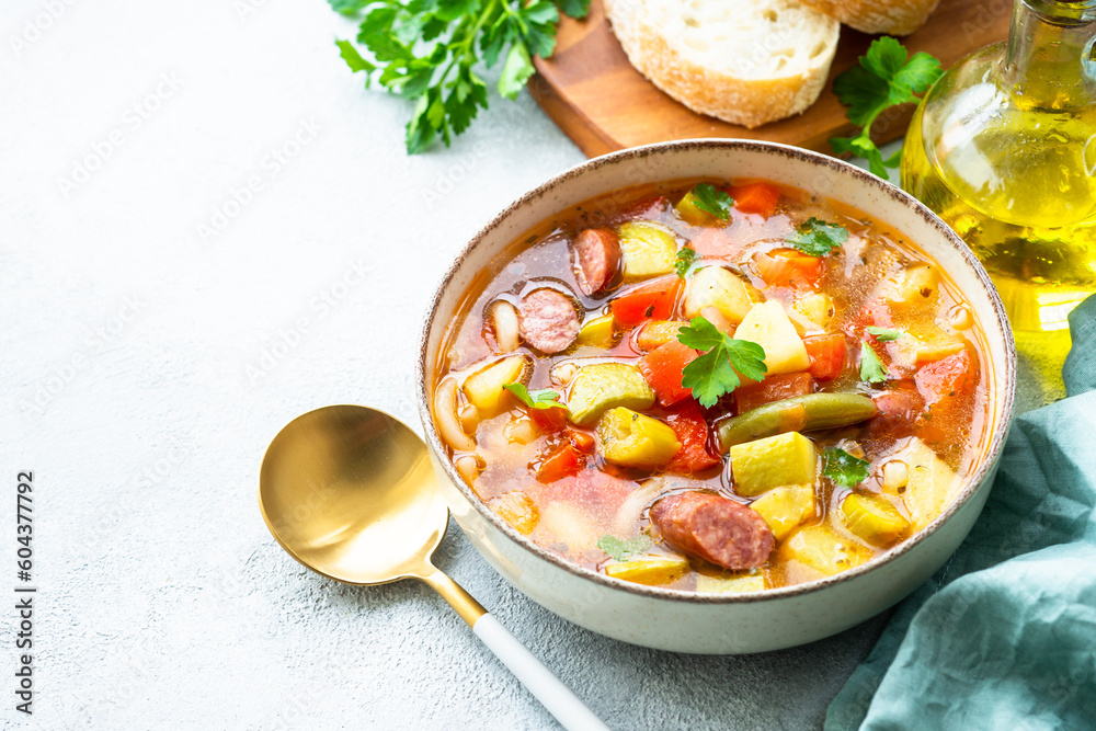 Minestrone soup, italian vegetable soup with smoked sausages, Top view on white table. Minestrone soup, italian vegetable soup with smoked sausages, Top view on white table.