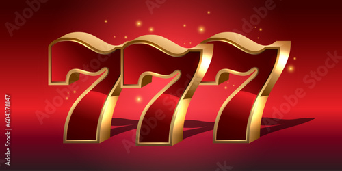Casino jackpot. Glowing red 777 lucky number. Big win slots 777 concept. Three golden red glittering 3D sevens. Shiny luxury casino banner.
