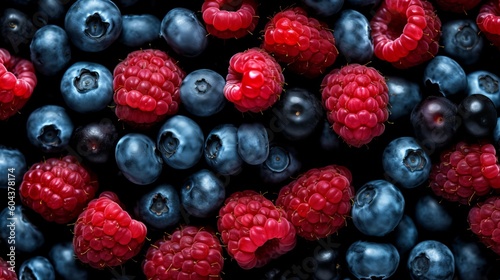blueberries, raspberries and black berries shot top down generative ai