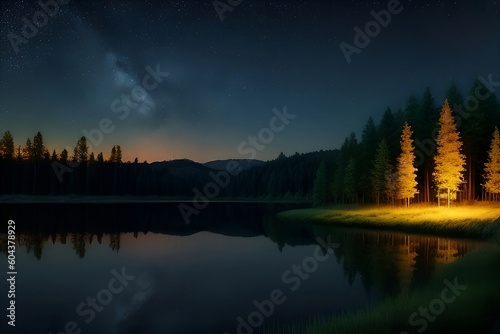 sunrise over lake in the forest with beautiful sky full of stars created with Generative AI technology