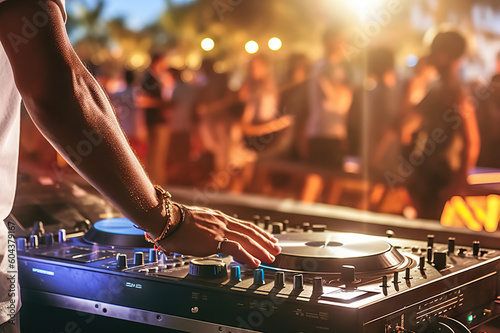 Beach Party Extravaganza: DJ Mixing Igniting the Summer Nightlife with Energetic Crowd and Vibrant Disco Vibes. created with Generative AI