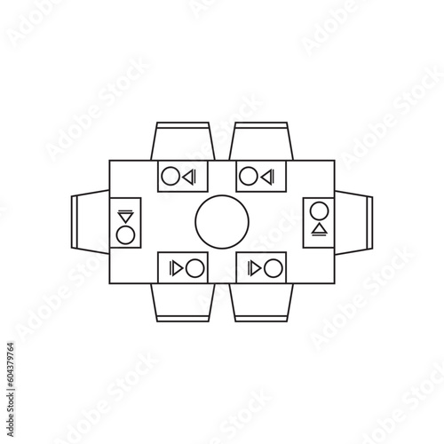 Rectangular table with napkins and food dinner sign. View from above