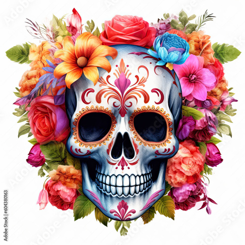 Sugar Skull with Flowers Clipart