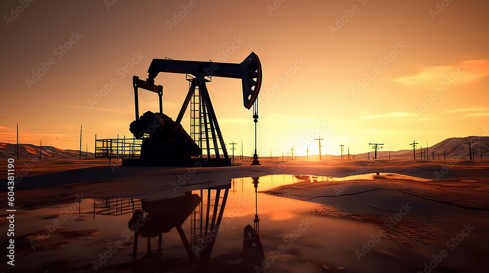 Silhouette of Crude Oil Pumpjack Rig on Desert, Industrial Machine for Petroleum Gas Production. created with Generative AI Silhouette of Crude Oil Pumpjack Rig on Desert, Industrial Machine for Petroleum Gas Production. created with Generative AI