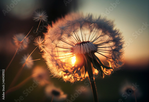 White dandelion crumbles from the wind in the rays of the setting sun. AI Generated