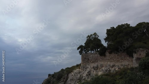 Aerial view over the historical castle of Kyparissia coastal town at sunset. Located in northwestern Messenia, Peloponnese, Greece, Europe. photo