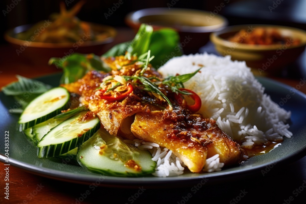 grilled chicken with rice and garnish on plate grilled chicken with rice and garnish on plate