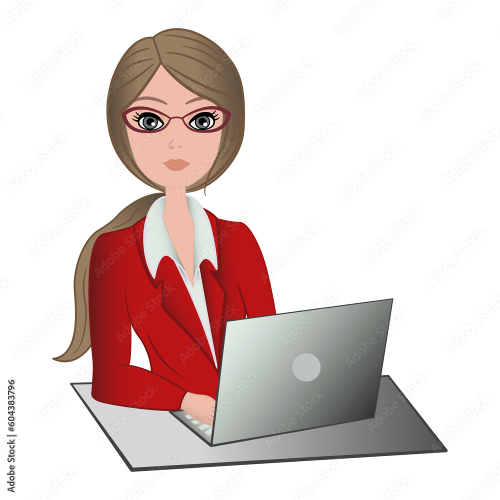 Business Woman with Laptop. Office Worker in Suit and Glasses. Flat vector illustration Business Woman with Laptop. Office Worker in Suit and Glasses. Flat vector illustration