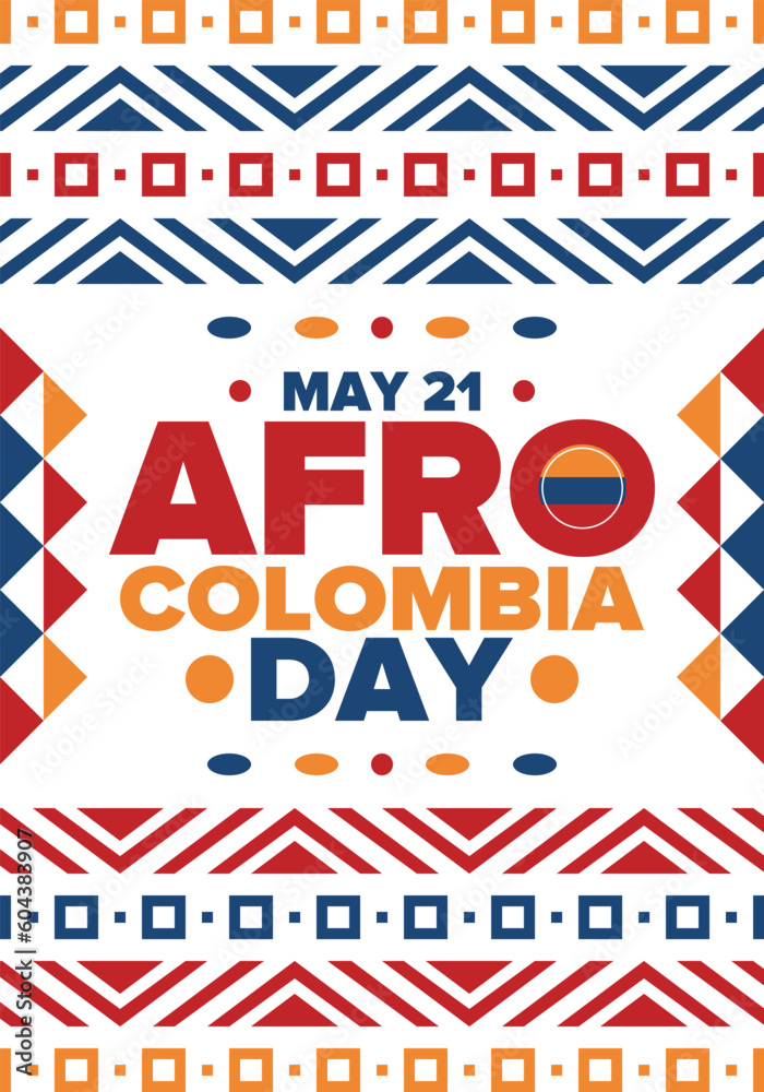 Afro-Colombian Day in Colombia. Celebrate annual in May 21. Freedom day poster. National holiday. Colombian flag. Afro-Colombian culture, history and heritage. Tradition pattern. Vector illustration