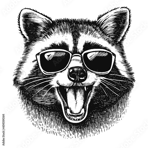 happy raccoon wearing sunglasses, funny vector sketch