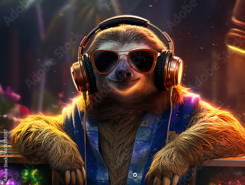 Music dj sloth with sunglasses and headphones - Colorful neon background - Generative AI