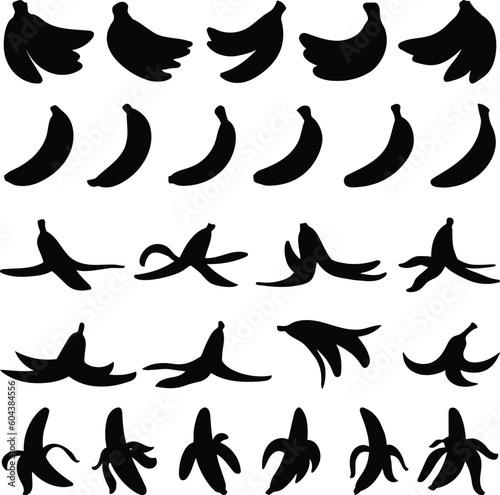 Set of 25 Banana, Peeled Banana, Banana Peel Vector Silhouette Illustrations