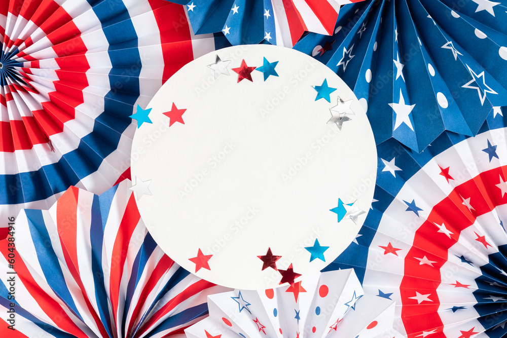Obraz premium 4th of July background, USA Presidents Day, Independence Day, Memorial day, US election concept. Red white and blue paper fans with stars confetti. Flat lay, top view, banner