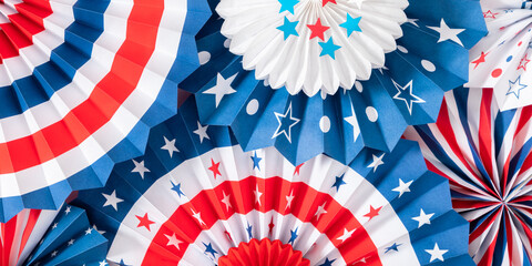 4th of July background, USA Presidents Day, Independence Day, Memorial day, US election concept. Red white and blue paper fans with stars confetti. Flat lay, top view, banner