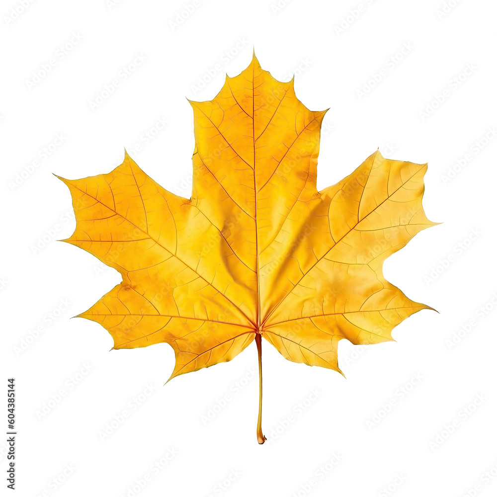 Top view perfect yellow sugar maple leaf isolated on cutout PNG transparent background. Generative AI